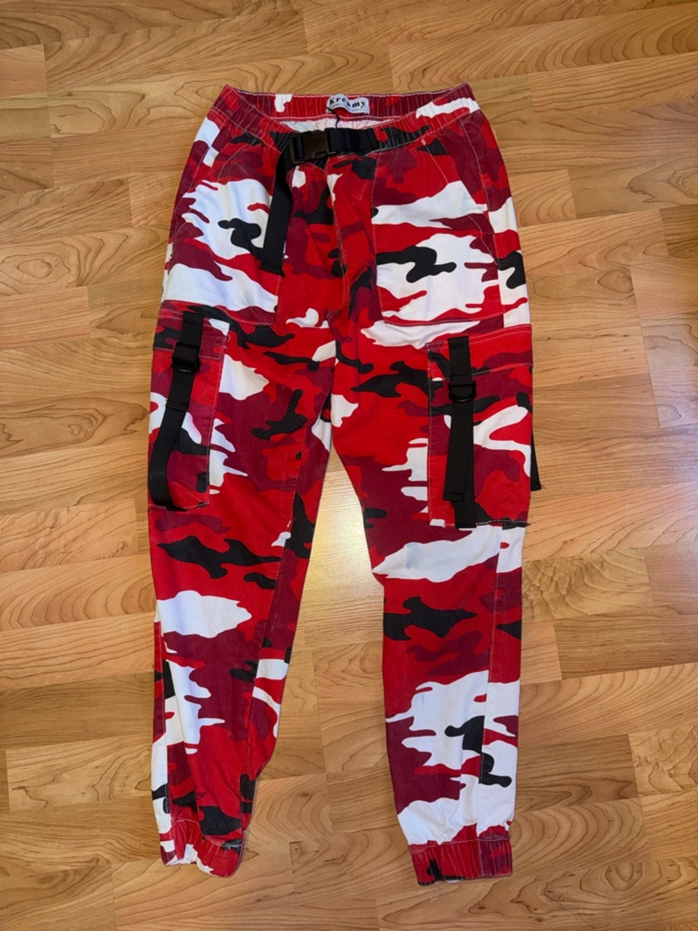Zumiez Kreamy Red, White & Black Camo Cargo Pants with Elastic Waist and straps